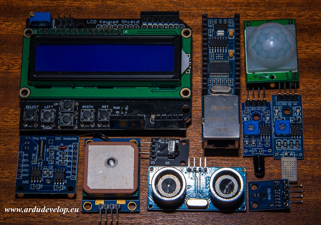 Arduino LCD, Ethetnet ENC28j60, PIR, RTC, GPS, IR, Ultrasonic сензори