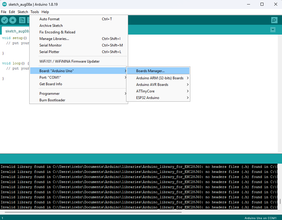 Arduino IDE open board manager