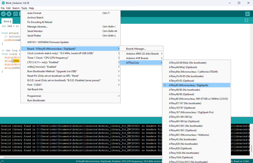 Arduino IDE set DigiSpark attiny85 board