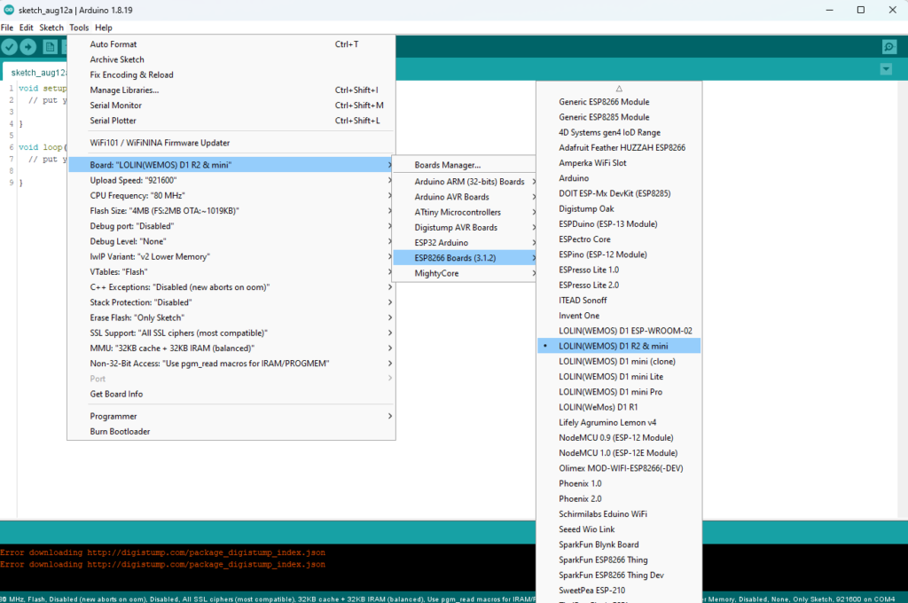 Choose ESP8266 board in Arduino IDE