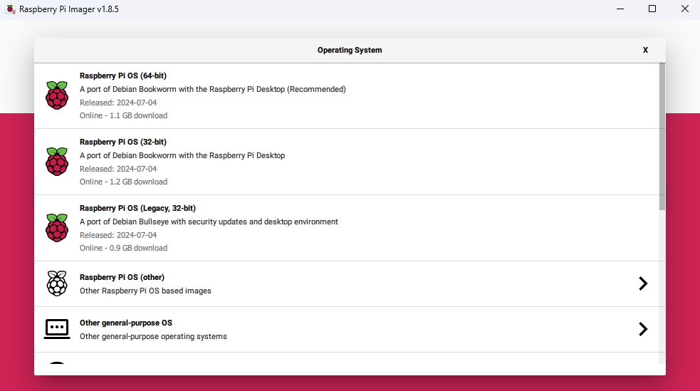 Raspberry Pi Imager  - Choose OS