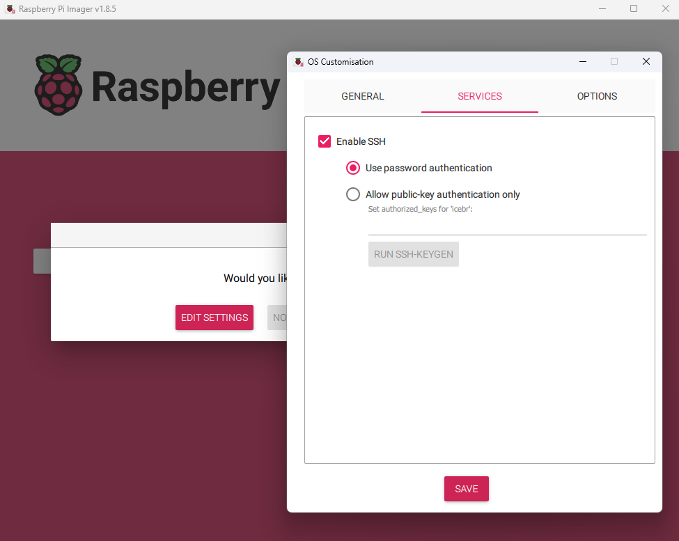 Raspberry Pi Imager - enable SSH service