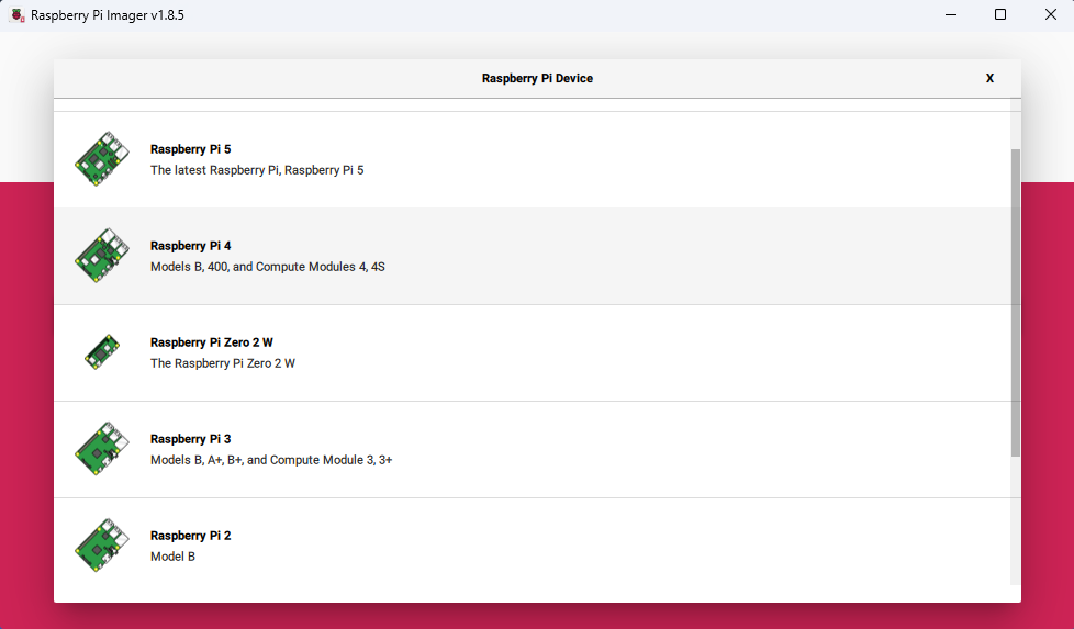 Raspberry Pi Imager  - choose device