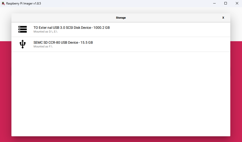 Raspberry Pi Imager - choose storage