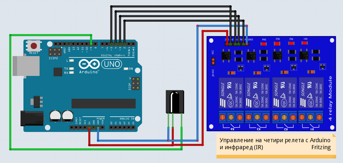 Управление на четири релета с Arduino и инфраред (IR)