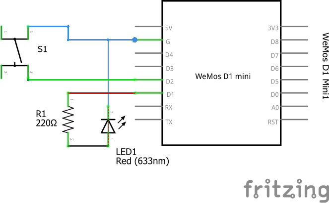 ESP8266 D1 Mini и MicroPython изчитане бутон и управление на LED диод схема