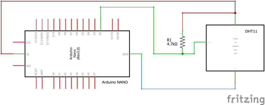 Измерване на температура и влажност с DHT11 и Arduino Nano Схема