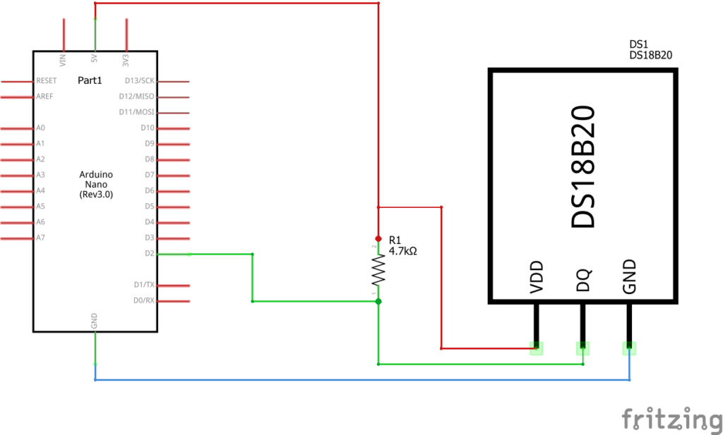 Измерване на температура с Arduino NANO и DS18B20 сензор Схема