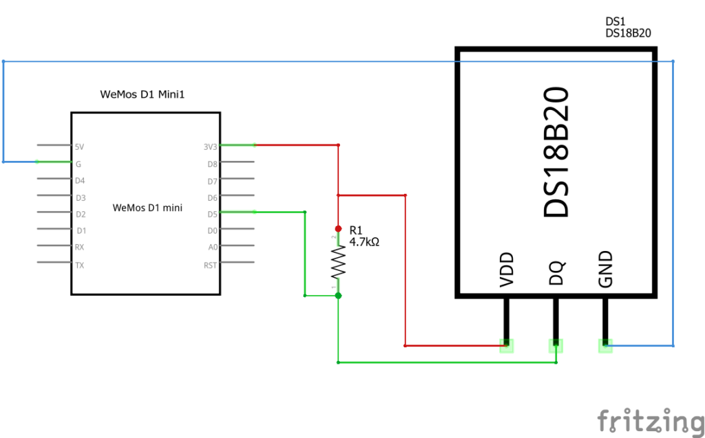 Измерване на температура с MicroPython, ESP8266 D1 mini и DS18B20 сензор Схема