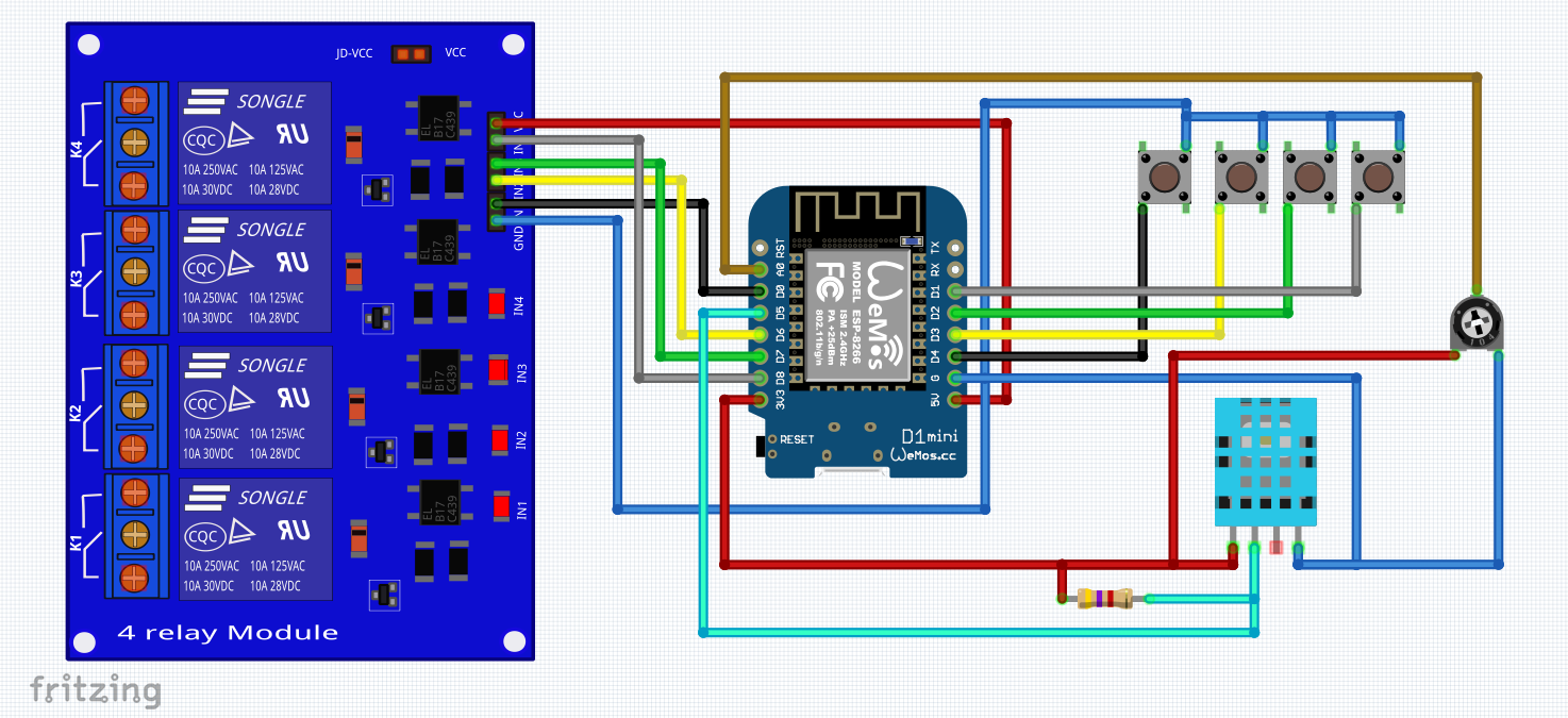 Проект с ESP8266 D1 Mini Контрол на четири релета чрез бутони и WEB интерфейс и изчитане на сензори