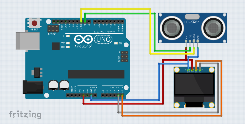 Измерване на разстояние с ултразвуков сензор HC-SR04 и OLED SSD1306 с Arduino