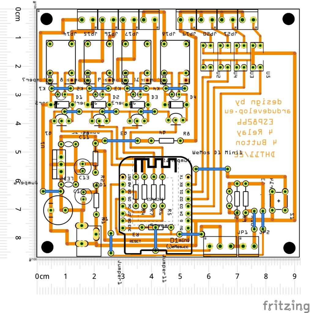 ESP8266 управление на релета през WEB или бутони и изчитане на DHT22 и напрежение Fritzing PCB