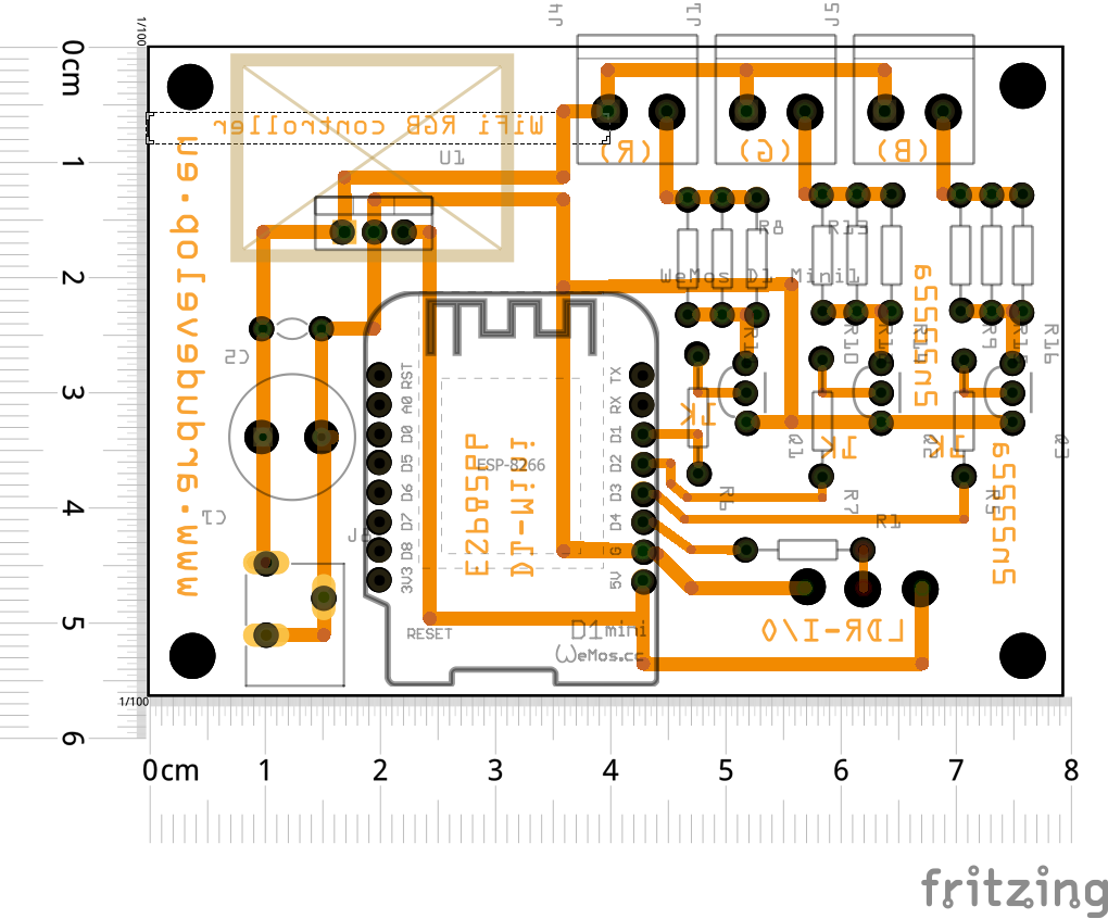 Контрол на RGB осветление с ESP8266 и Arduino IDE през WEB интерфейс Fritzing PCB