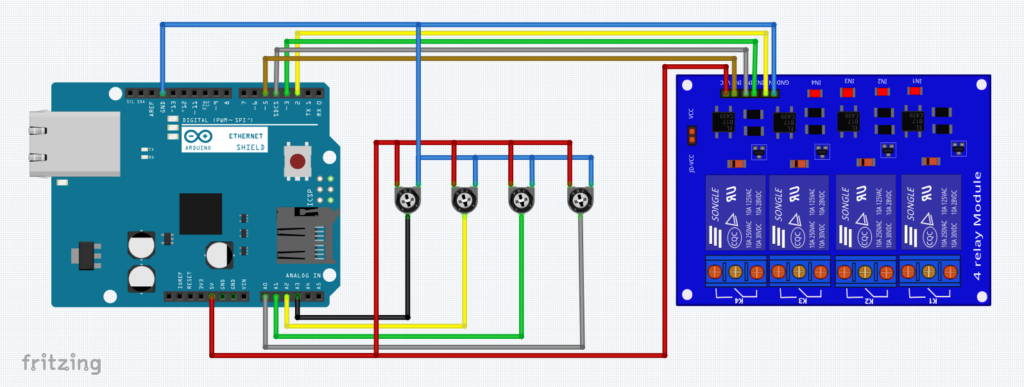 Схема на проекта за управление на релета и сензори с Arduino и W5100 чрез MQTT