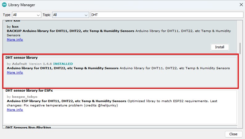 ESP8266 Arduino IDE Library Manager DHT Library