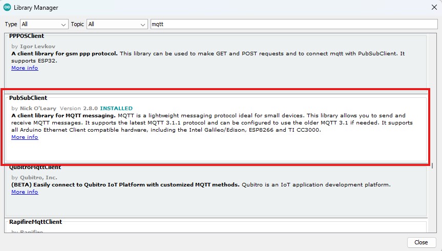 MQTT PubSubClient Arduino IDE Library Manager