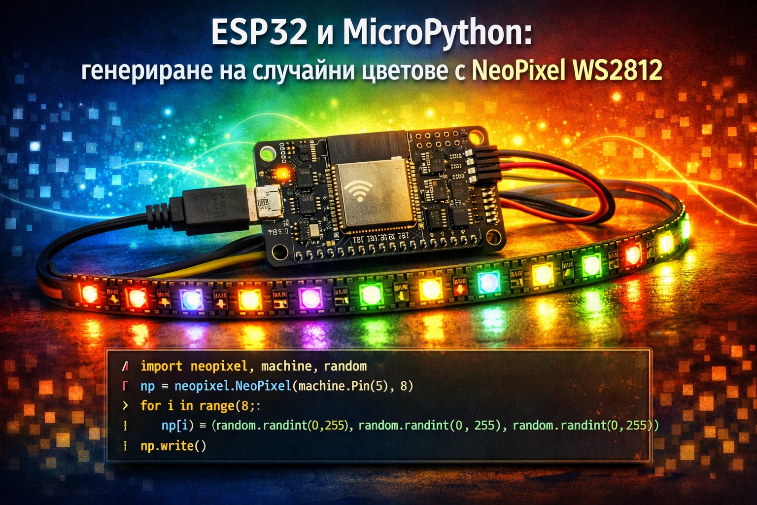 ESP32 и MicroPython генериране на случайни цветове с NeoPixel WS2812