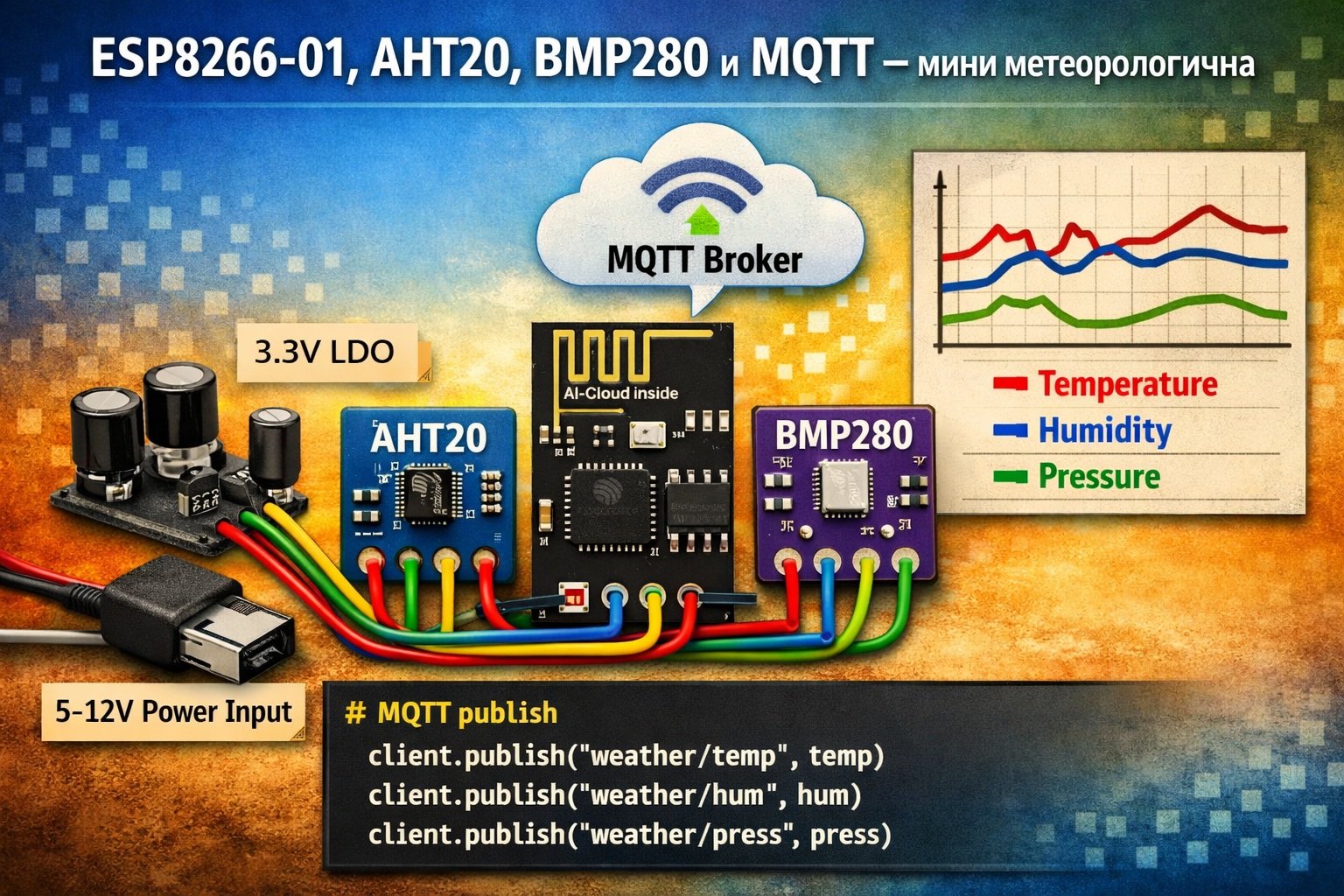 ESP8266-01, AHT20, BMP280 и MQTT мини метеорологична станция