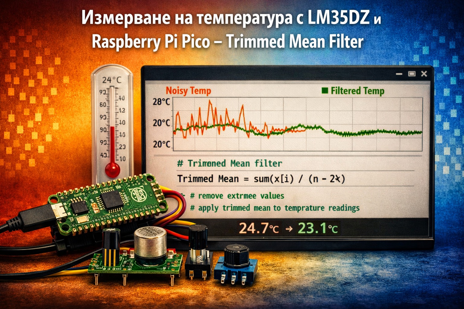 LM35DZ и Raspberry Pi Pico Измерване на температура чрез MicroPython и Trimmed Mean Filter