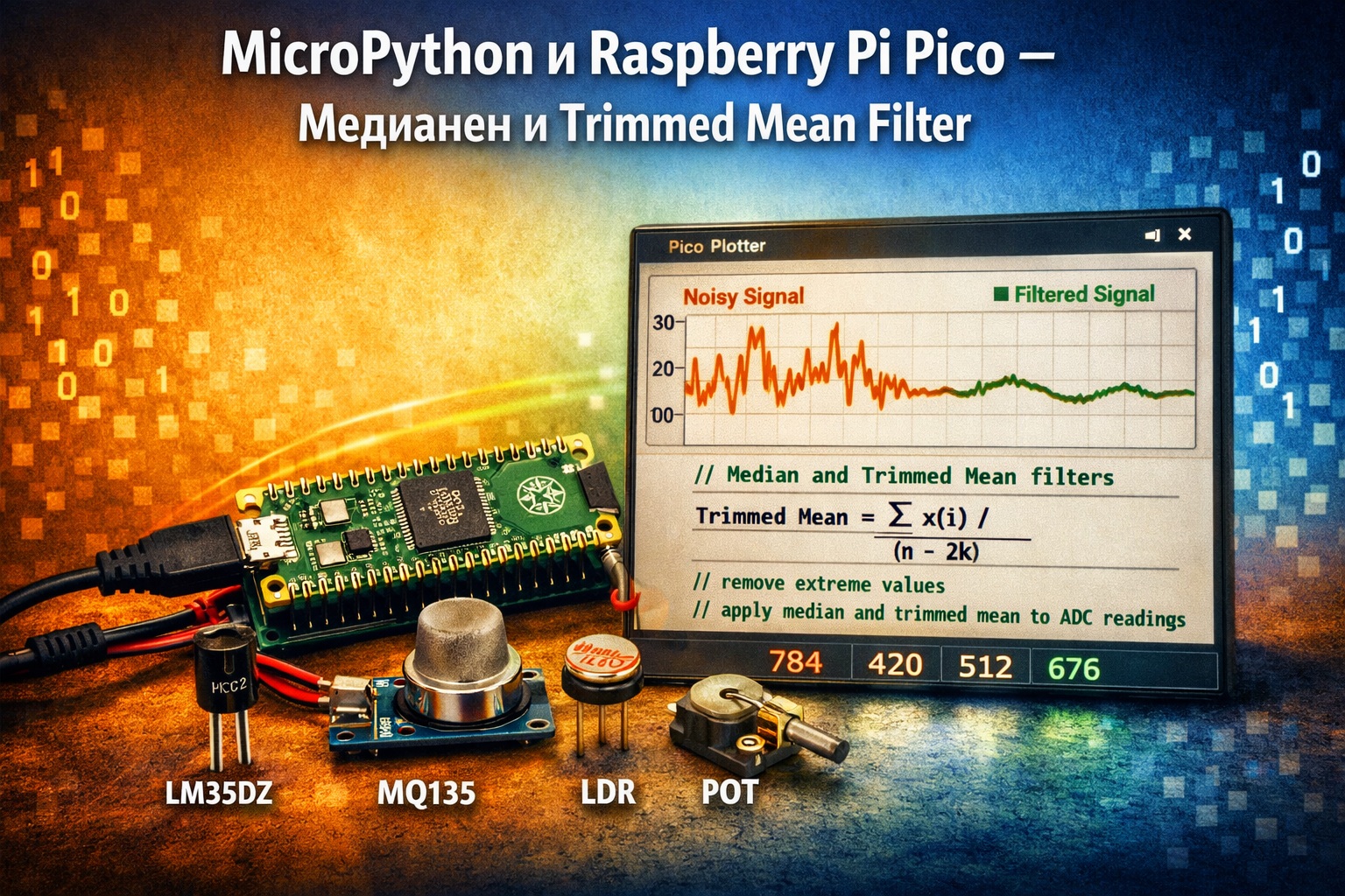 MicroPython и Raspberry Pi Pico Медианен и Trimmed Mean Filter