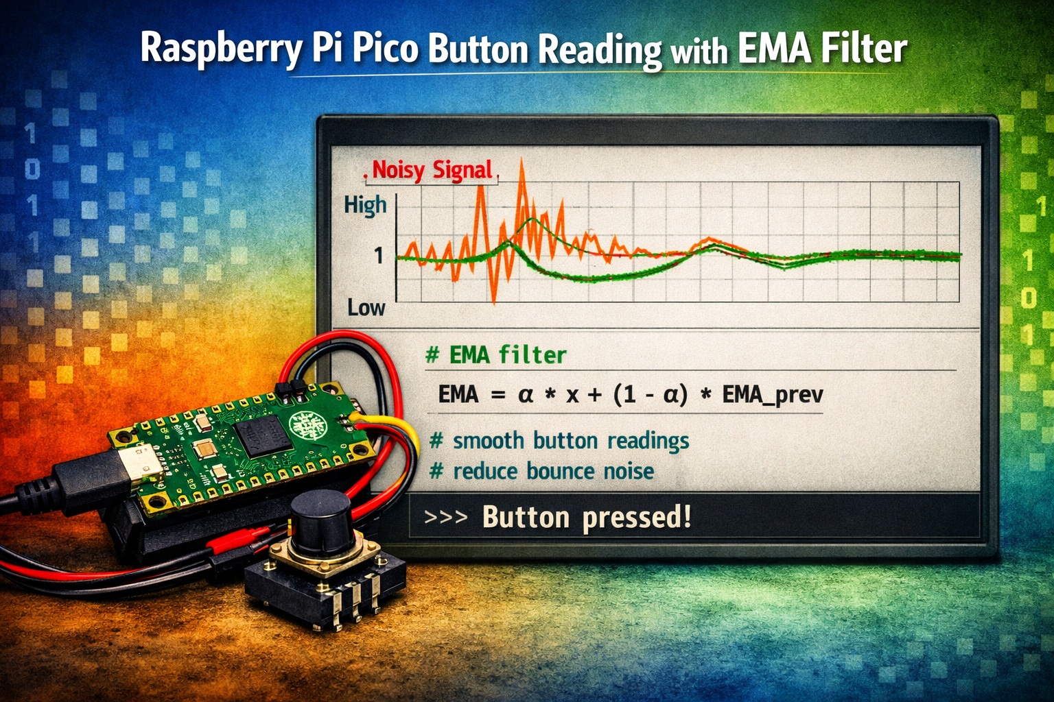 Надеждно изчитане на бутон с Raspberry Pi Pico чрез EMA филтър